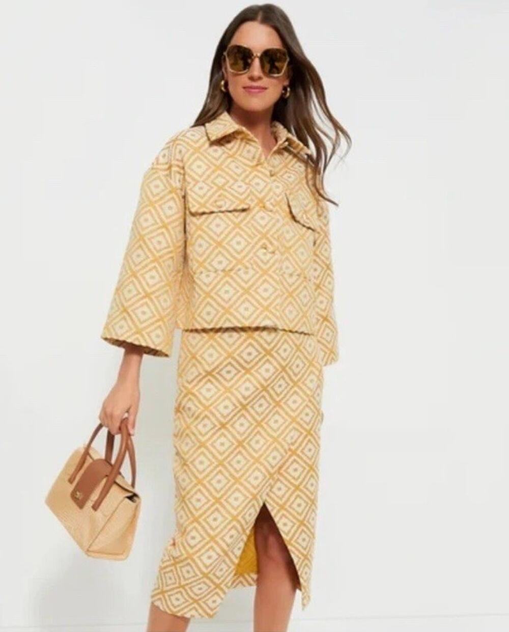 Tuckernuck Elegant Rare Marigold Boxy Jacket & Skirt Size Small Yellow Gold SET
